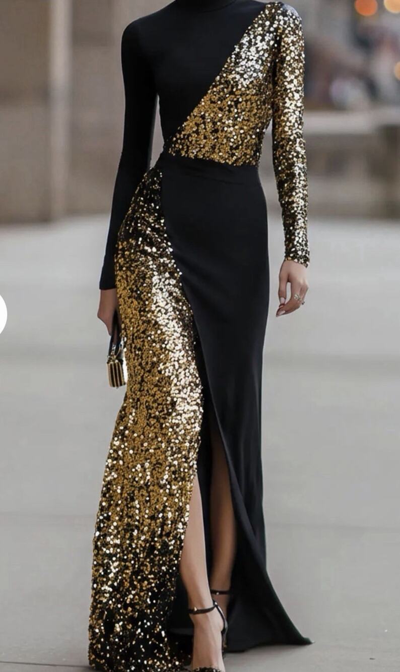Mooyius Elegant Black And Gold Sequin High-Neck Slit Maxi Dress